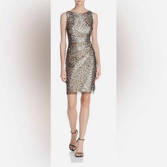 ADRIANNA PAPELL STARBURST SEQUIN MESH SHEATH DRESS sz 8 $279 - Picture 2 of 10